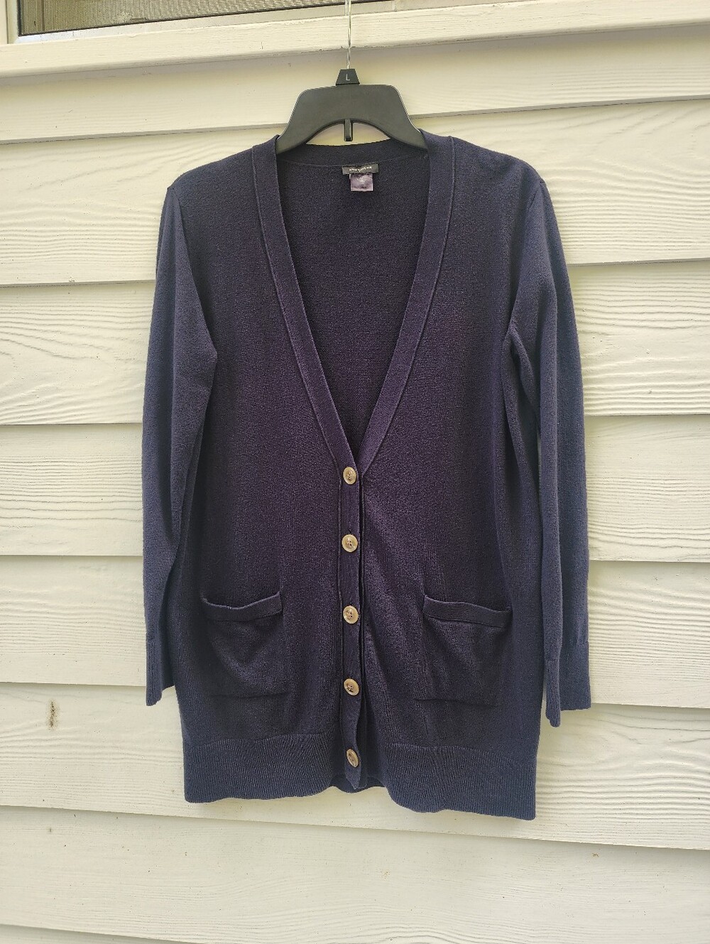 M Ann Taylor Navy Button-Front V-Neck Longer Cardigan